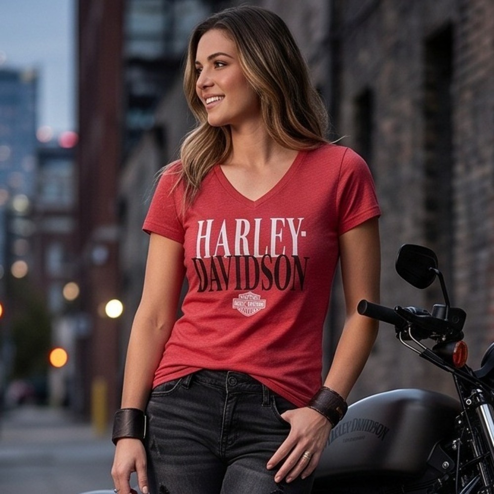 Harley-Davidson Womens M V-Neck Graphic T-Shirt Red Rock-n-Roll City Cleveland